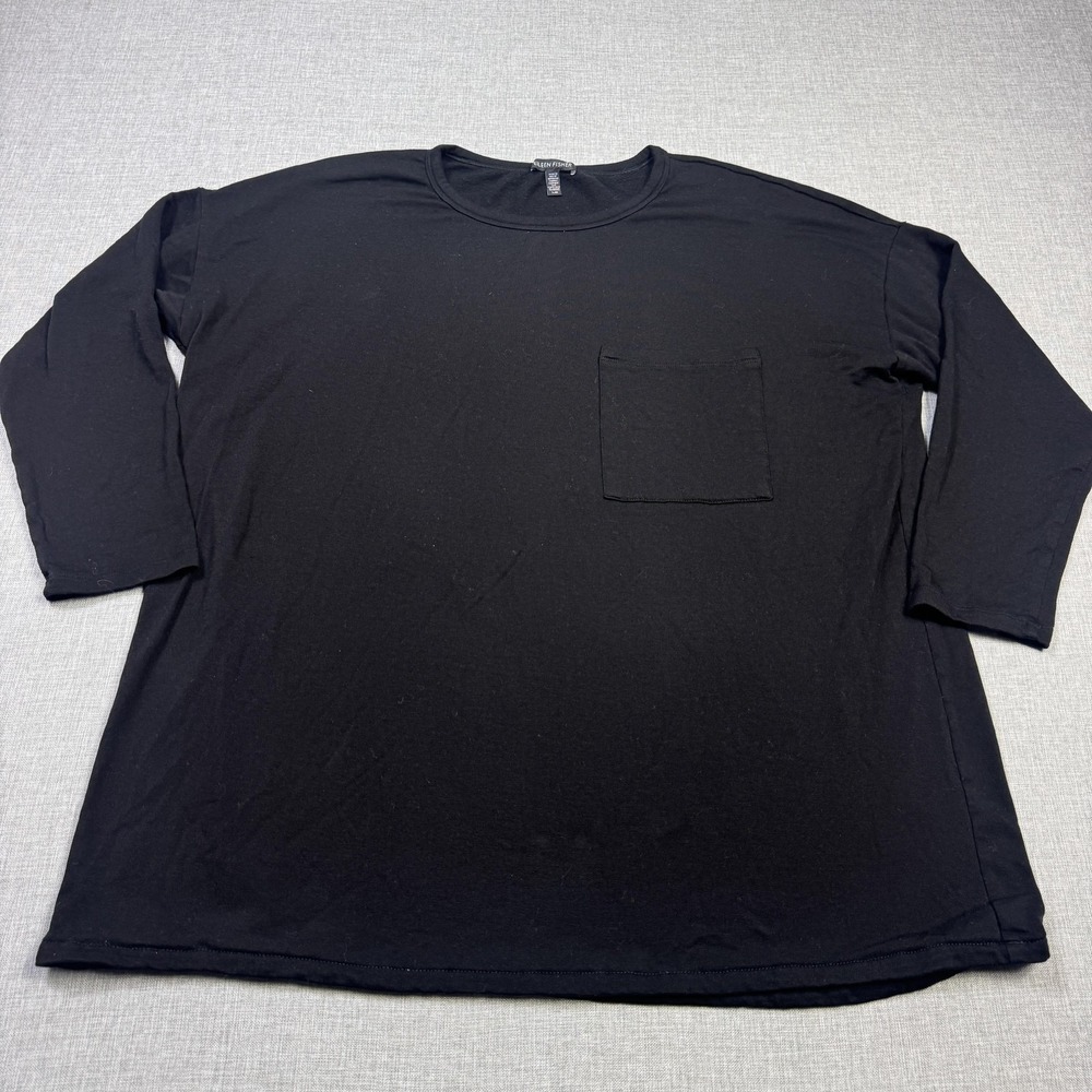 Eileen‎ Fisher Pullover Sweater Womens L Black Cotton Blend 3/4 Sleeve Oversized